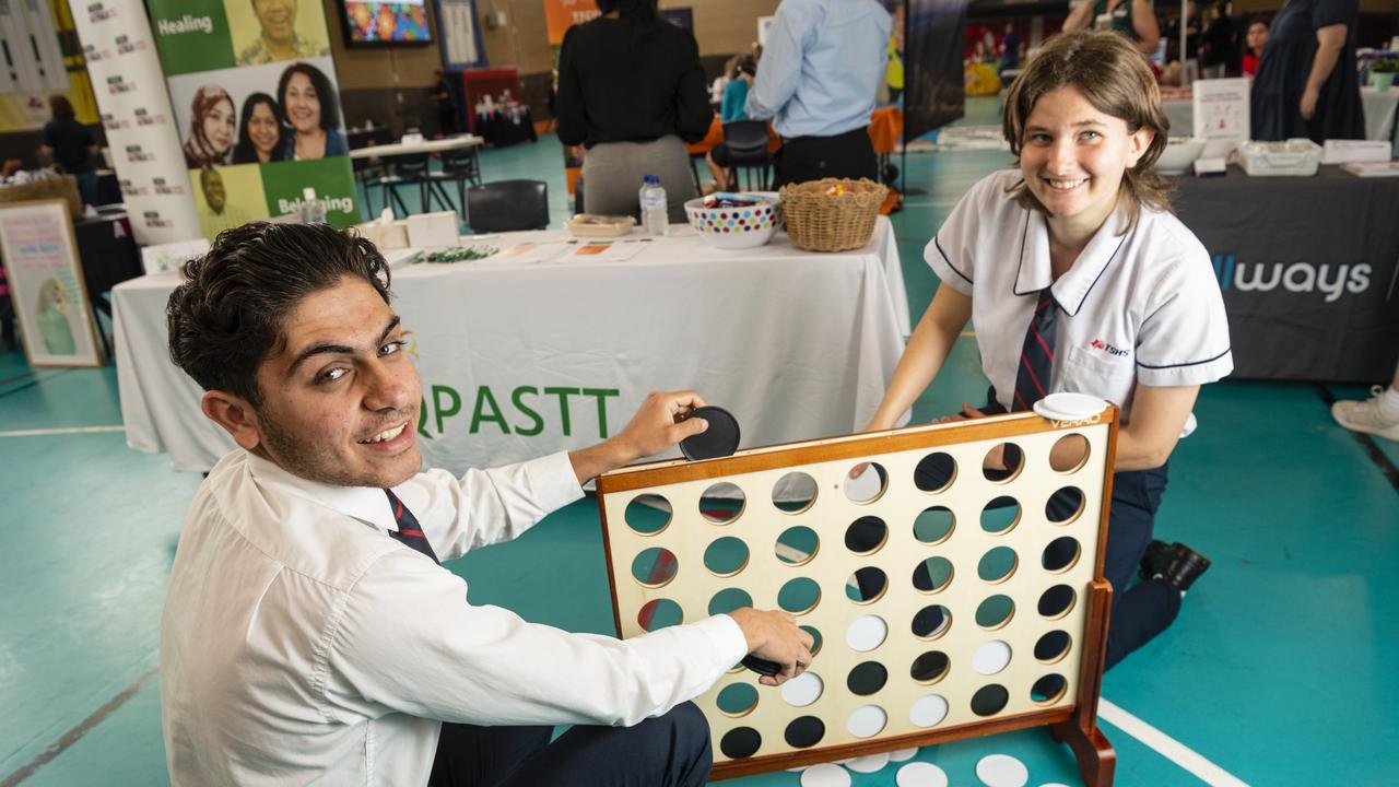 Toowoomba State High School 2023 captains Rezgar Qado and Daisy Reynolds at the TSHS Mental Health Expo, Friday, October 14, 2022. Picture: Kevin Farmer