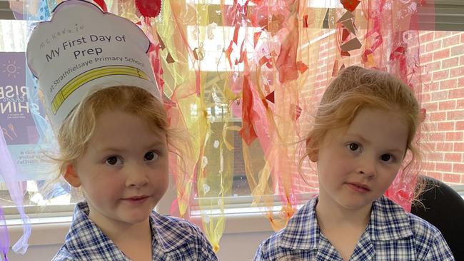 McKenzie Kennedy (4) with Riley Kennedy (4), on the first day of prep at Strathfieldsaye. McKenzie and Riley are twins.