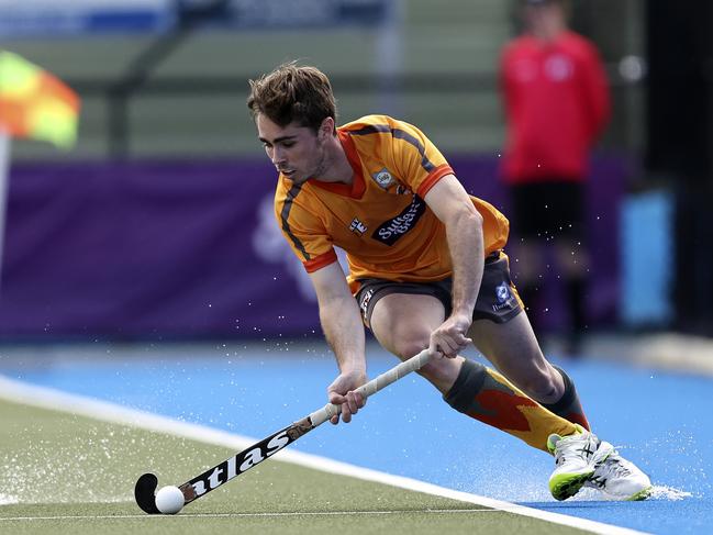 Jayden Atkinson of Brisbane Blaze during the Hockey One League Men's 3rd &amp; 4th Playoff match between Brisbane Blaze and Canberra Chill at Bendigo Regional Hockey Complex on November 20, 2022, in Bendigo, Australia. (Photo by Martin Keep/Getty Images)