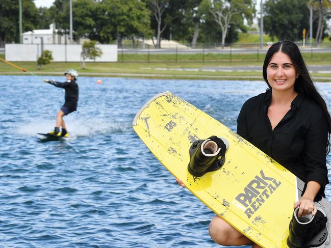 Amanda Pelagalli from the WakeHouse Cable Park in Andergrove. Corey Seach, 7, is riding in the background. Picture: Tony Martin