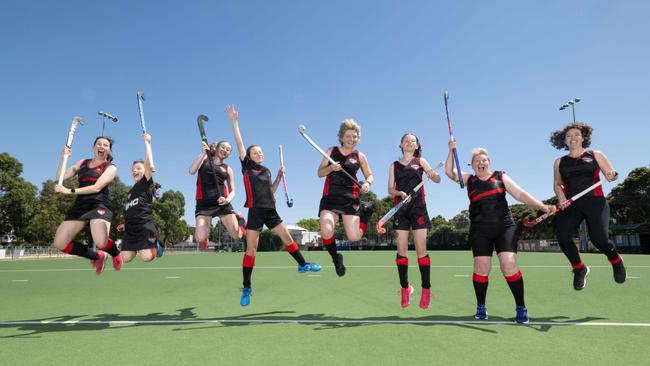 Essendon Hockey Club players Kristie Baker, Elizabeth Baker, Caitlin Richards, Victoria Baker, Shannon Gittings, Katherine Baker, Leanne Richards and Catherine Somerville. Picture: Tony Gough