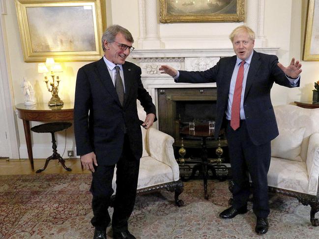 Boris Johnson with the President of the European parliament David Sassoli, ahead of a private meeting in Downing Street. Picture: AP