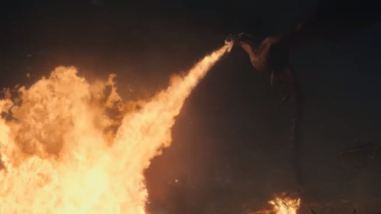 Drogon breathes fire down at the Night King.