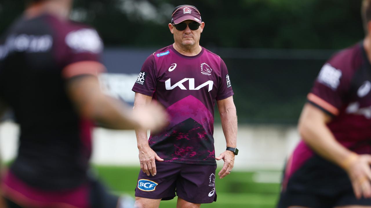 Coach Kevin Walters keeps an eye on things at Broncos training at Red Hill on Thursday. Picture Lachie Millard