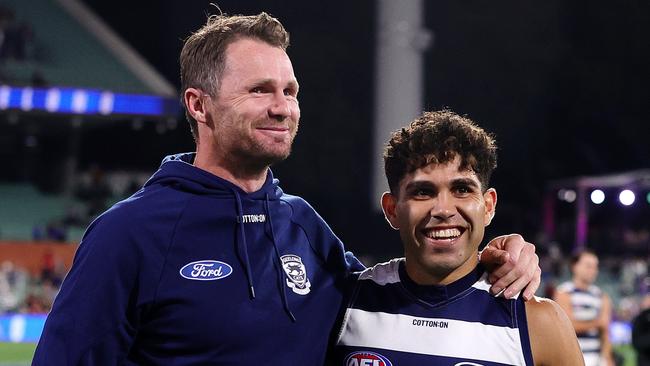 ADELAIDE, AUSTRALIA - APRIL 06: Patrick Dangerfield of the Cats and Tyson Stengle after the win during the 2024 AFL Round 04 match between the Western Bulldogs and the Geelong Cats at Adelaide Oval on April 06, 2024 in Adelaide, Australia. (Photo by Sarah Reed/AFL Photos via Getty Images)