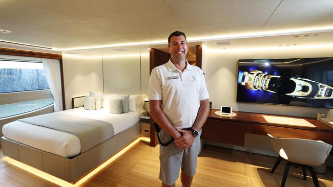 The Morris Group has permanently moored their superyacht fleet of MY Northern Escape, MY Flying Fish and MY Beluga available for charter at the Cairns Marlin Marina. MY Northern Escape captain Sam Aldred in the 41 metre superyacht master bedroom suite. Picture: Brendan Radke