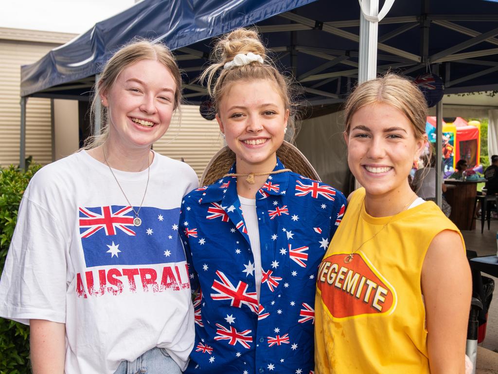 Ruby Sharam, Mikeely Breckell and Arabella Wison getting in on the Australia Day fun at Northern Beaches Bowls Club. Picture: Michaela Harlow