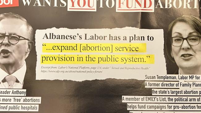 An advertising campaign has targeted Labor candidates for allegedly wanting to allow abortions in public hospitals. Image: Twitter, Saffron Howden