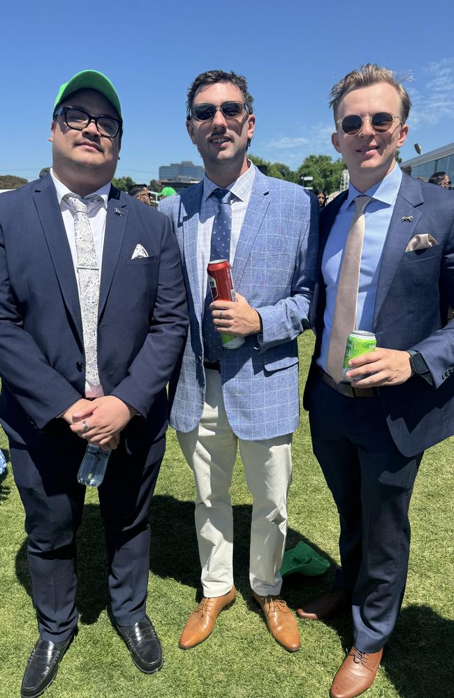 Elijah Wells, Zac Piastrella and Josh Imms at the Melbourne Cup at Flemington Racecourse on November 5, 2024. Picture: Phillippa Butt