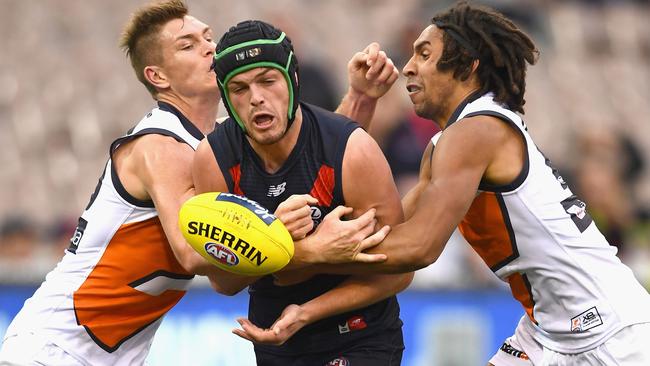 Angus Brayshaw escapes a GWS sandwich. Picture: Getty Images