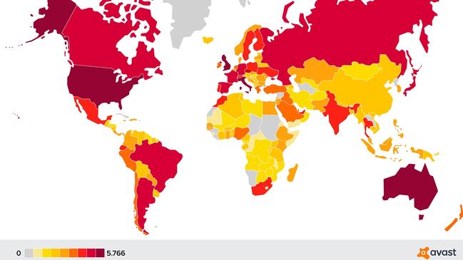 A heat map of sextortion attempts blocked by Avast shows Australia is considered a high-risk country. Picture: NCA NewsWire