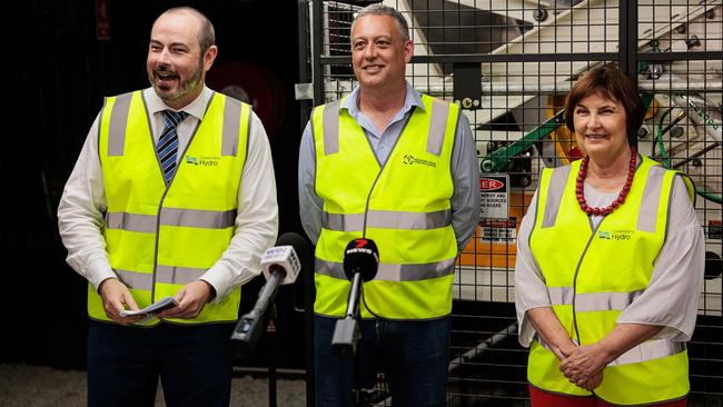 Resources Centre of Excellence CEO Steven Boxall, Mackay MP Julieanne Gilbert and Queensland Hydro CEO Kieran Cusack announcing a memorandum of understanding. Picture: Fiona Kroll