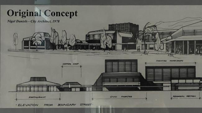 Original concept drawing of the Townsville Civic Theatre as part of a performing arts precinct. This picture appears on the wall of the theatre's foyer. Picture: Leighton Smith.