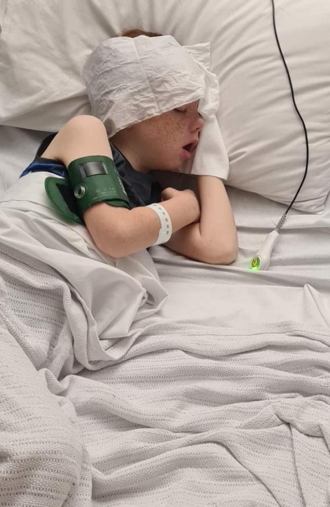 Woombye eight-year-old Jack Bemrose in hospital. Picture: Contributed