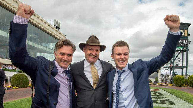 Tom Dabernig, David Hayes and Ben Hayes hope to enjoy more success during the Melbourne Cup Carnival. Picture: Jay Town