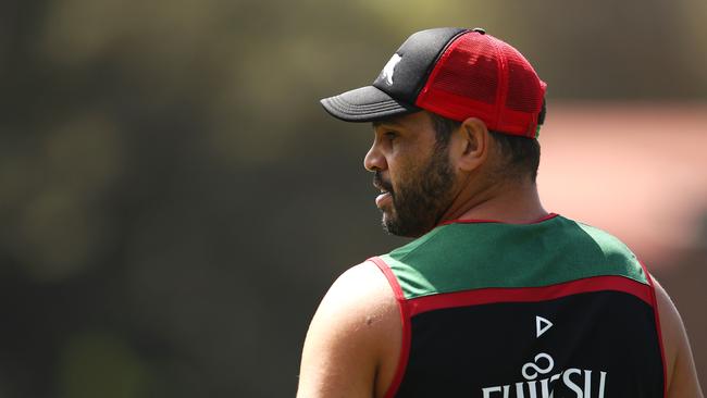 SYDNEY, AUSTRALIA — MARCH 20: Greg Inglis watches on during a South Sydney Rabbitohs NRL Training Session at Redfern Oval on March 20, 2018 in Sydney, Australia. (Photo by Mark Kolbe/Getty Images)