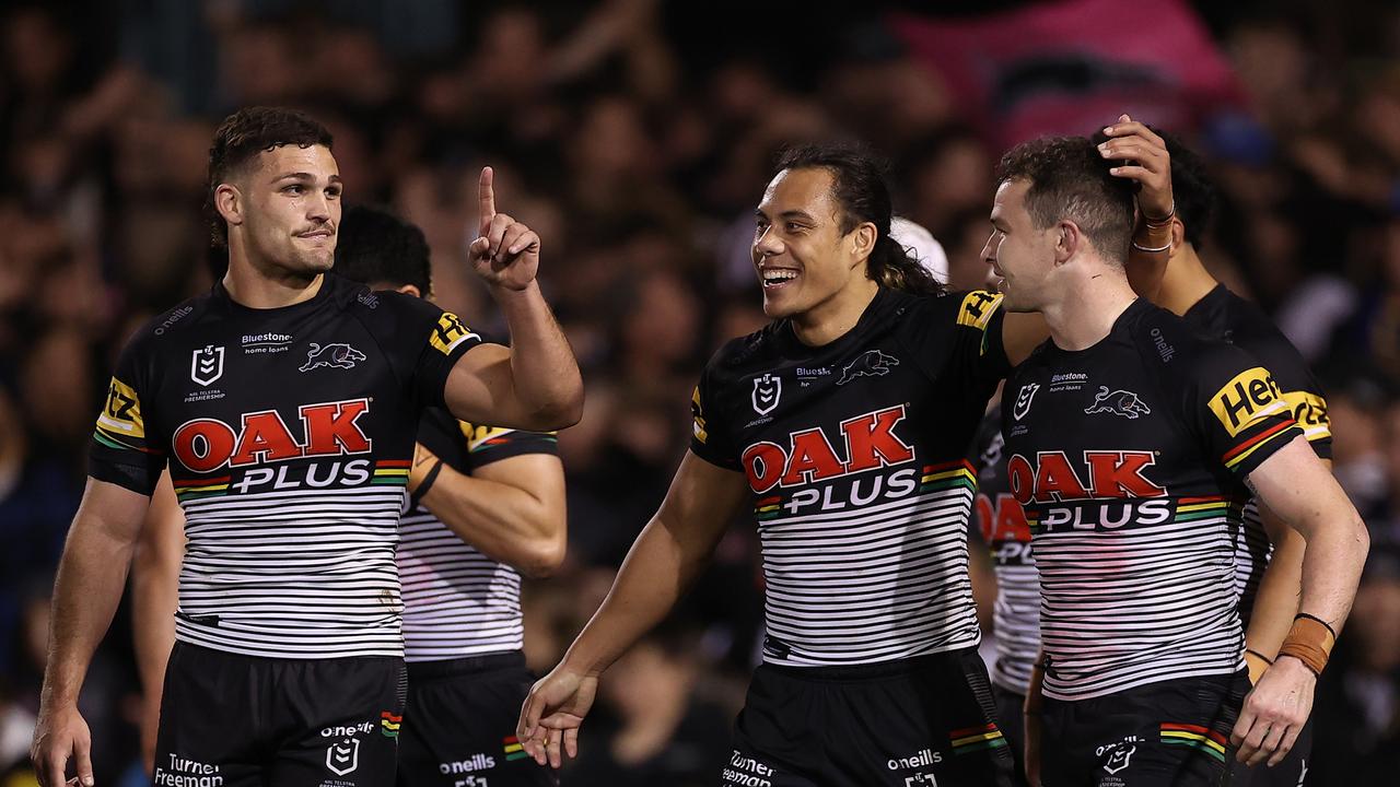 Nathan Cleary (L) put on a five-star performance after being given space and time by Parramatta’s defence. Picture: Getty