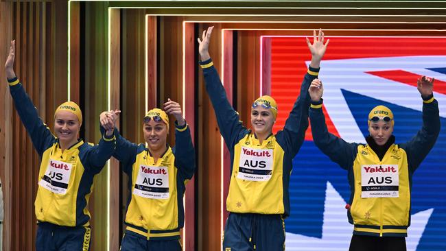 (L-R) Ariarne Titmus, Brianna Throssell, Shayna Jack and Mollie O'Callaghan have smashed another world record, claiming gold in the Women's 4 x 200m Freestyle Relay Final. Picture: Getty Images.