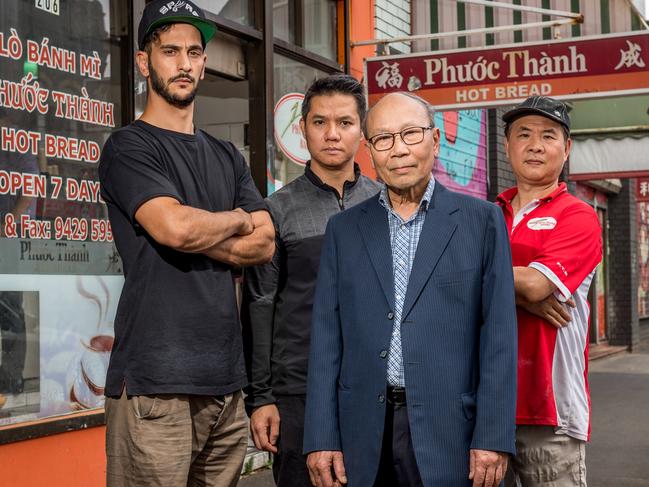 Victoria St traders say the supervised injection room has attracted more dealers and users, making the area a virtual no-go zone for visitors, diners and shoppers. Andrew Akathiotis from Volume 2 Cafe (0407900311), Danny Lee from Pho Dzung Tan Dinh, former president of Victoria Street traders association Toan Pham from Thanh Nga Video (0413664789) and Danny Nguyen from Phouc Thanh Bakery (0402367929). Picture: Jake Nowakowski