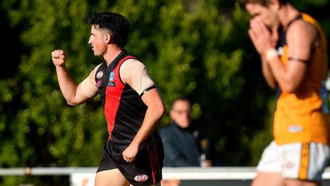 Sunny Brazier of Pascoe Vale celebrates kicking a goal. (Photo by Josh Chadwick)