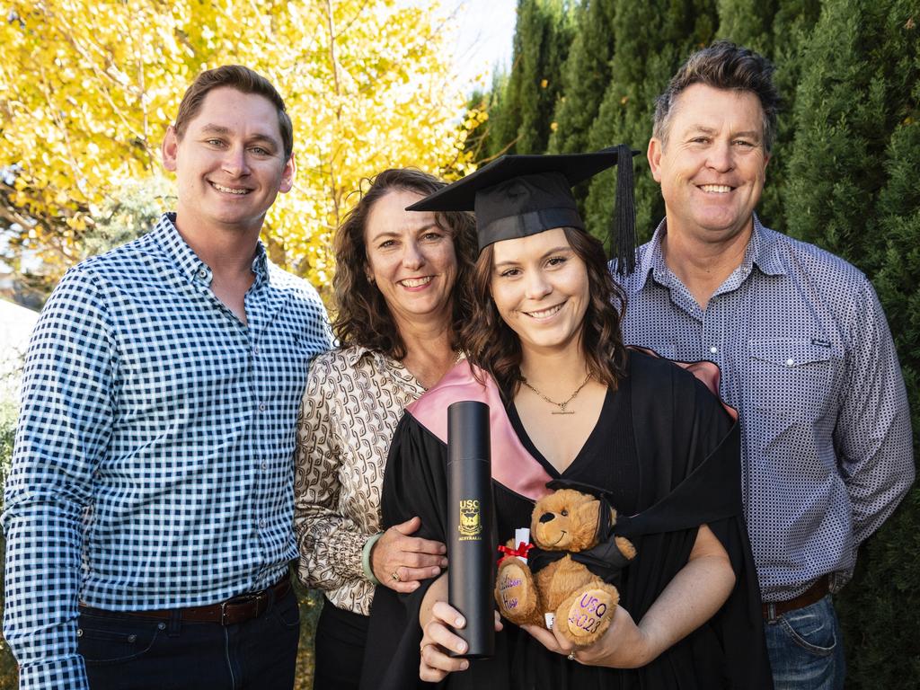 Bachelor of Education graduate Madison Hose celebrates with Blake Freeman and parents Tracy and Dwain Hose at the UniSQ graduation ceremony at Empire Theatres, Tuesday, June 27, 2023. Picture: Kevin Farmer