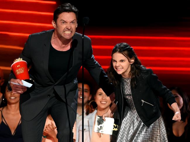 Hugh Jackman and Dafne Keen accept Best Duo for ‘Logan’ onstage during the 2017 MTV Movie And TV Awards at The Shrine Auditorium on May 7, 2017 in Los Angeles, California. Picture: Getty