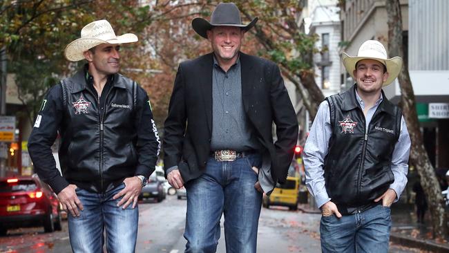 Brazilian rider Guilherme Marchi, Professional Bull Riders chief Sean Gleason and Montana-based Matt Triplett ahead of the PBR Global Cup. Picture: James Croucher.