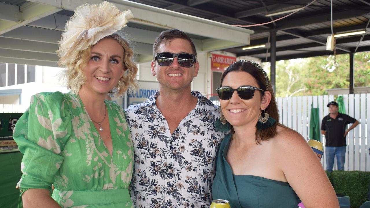 Clara Swaffield, Trent Borg and Liz Curtis at the St Patrick’s Day races in Rockhampton on March 12, 2022. Picture: Aden Stokes