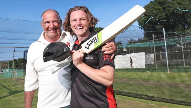 Jack Di Venuto, right, pictured with his grandfather Enrico Di Venuto, made his first grade debut last month. Picture: LUKE BOWDEN