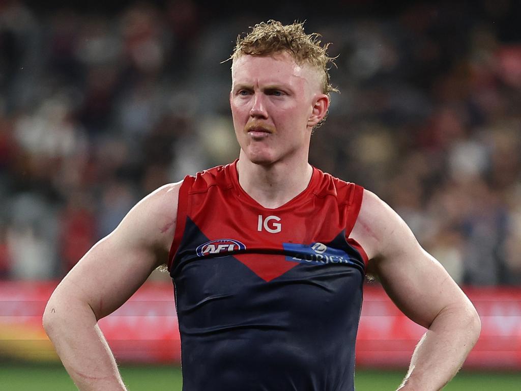 MELBOURNE, AUSTRALIA – SEPTEMBER 15: Clayton Oliver of the Demons is dejected after the Demons were defeated by the Blues during the AFL First Semi Final match between Melbourne Demons and Carlton Blues at Melbourne Cricket Ground, on September 15, 2023, in Melbourne, Australia. (Photo by Robert Cianflone/Getty Images)