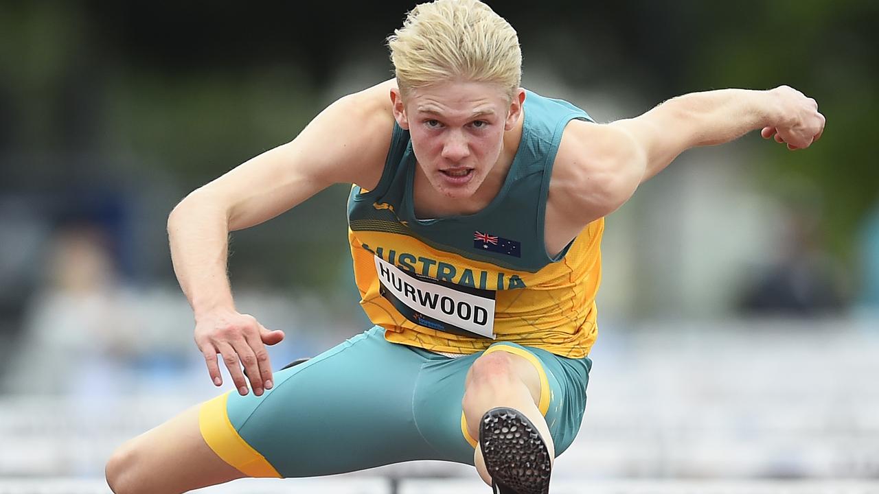 Hurdlers Sam Hurwood in full flight representing Australia. (Photo by Ian Hitchcock/Getty Images)