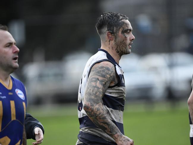 WFNL Men: Division 2 Seniors Men, Round 15.  Albion Seniors vs Sunshine Seniors at JR Parsons Reserve, Sunshine, Victoria, Saturday 27th July 2024. Muddy Josue Bench. Photo: Andrew Batsch