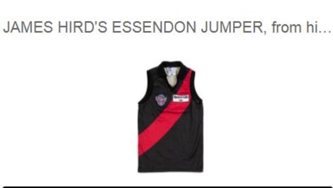 James Hird is selling a host of items including this jumper he wore in Essendon’s losing Grand Final in 2001.