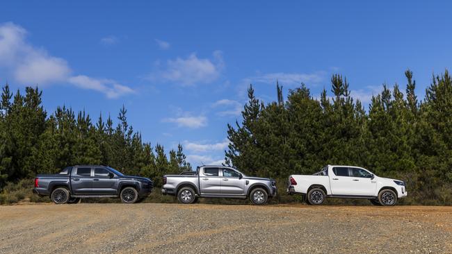 Mitsubishi Triton, Ford Ranger and Toyota HiLux utes. Photo: Mark Bean