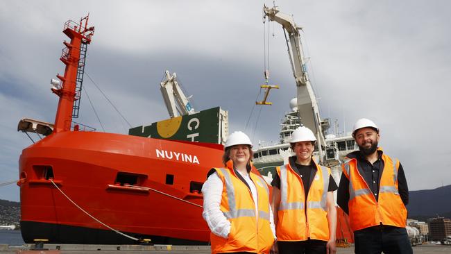 Rhonda Bartley acting head of the AAD's science branch, Anthea Fisher voyage leader, Tom De Leon engineering services supervisor Davis station for Summer.  Start of the Antarctic season with the RSV Nuyina to depart on a resupply voyage to Davis research station.  Picture: Nikki Davis-Jones