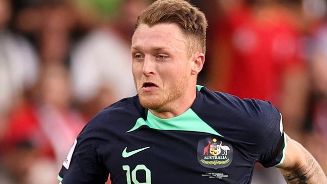 DOHA, QATAR - JANUARY 18: Harry Souttar of Australia runs with the ball during the AFC Asian Cup Group B match between Syria and Australia at Jassim Bin Hamad Stadium on January 18, 2024 in Doha, Qatar. (Photo by Robert Cianflone/Getty Images)