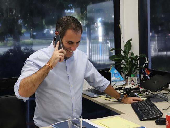 Interim Home Affairs Minister Jim Chalmers on the phone to the Murugappan family after using his ministerial powers to allow them to return home to Biloela.