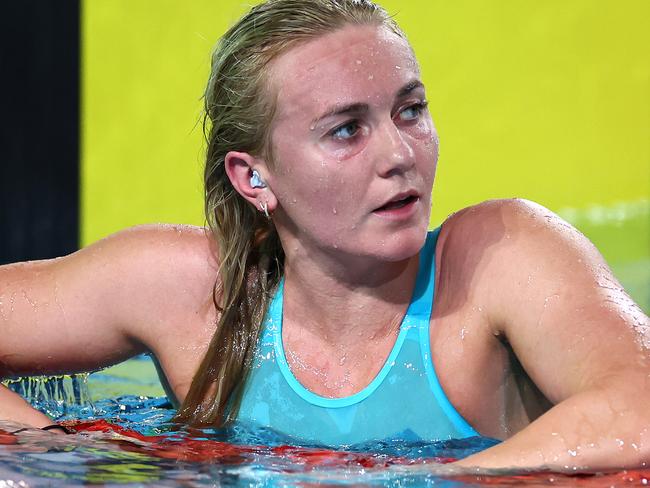 Ariarne Titmus reacts after winning the women’s 800m freestyle. Picture: Quinn Rooney/Getty Images