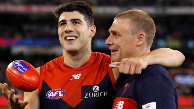 Christian Petracca of the Demons celebrates with coahc Simon Goodwin.