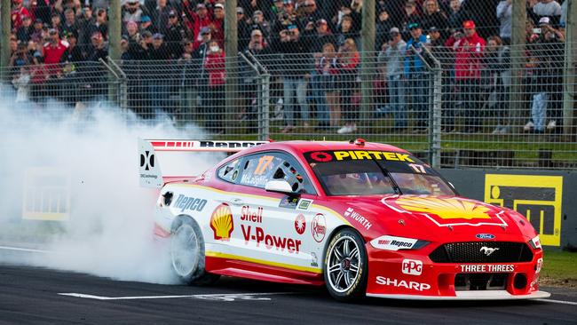 Ford Mustang driver Scott McLaughlin celebrates winning race 2 in Auckland last month. Picture: Getty Images