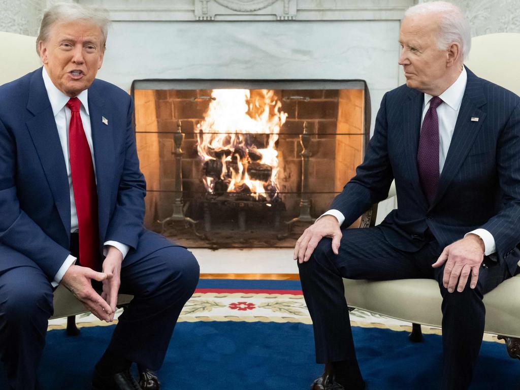 US President-elect Donald Trump in the Oval Office of the White House in Washington, DC, with President Joe Biden. But where was Melania? Picture: AFP