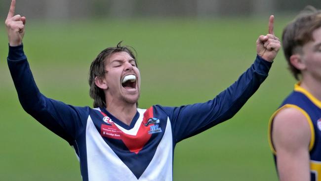 St AlbansÃ Matthew Gundry celebrates kicking a goal during the EDFL: Rupertswood v St Albans football match in Sunbury, Saturday, May 27, 2023. Picture: Andy Brownbill