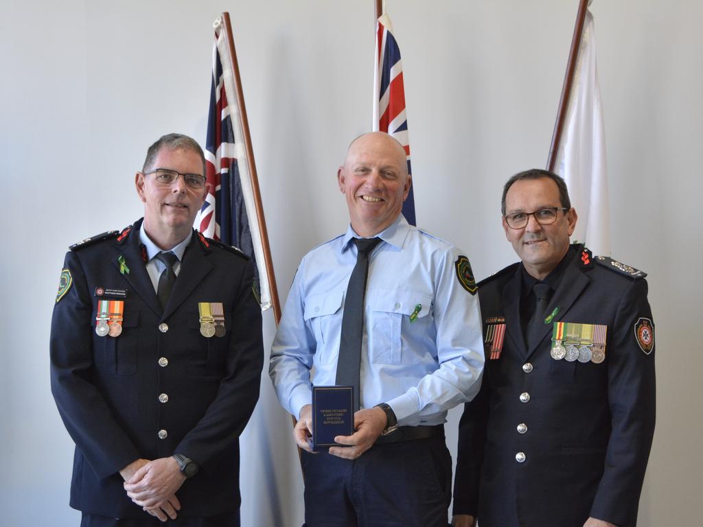 Applethorpe Rural Fire Brigade fourth officer Geoffrey Davenport was awarded a QFES Medal in recognition of his prolonged commitment to ethical standards, personal integrity and diligent service during Rural Fire Service Week on Saturday, August 3rd. Photo: Jessica Klein