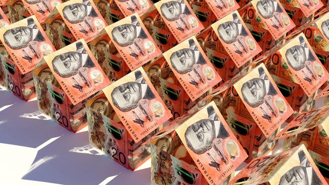 A concept of australia dollar bank notes folded into the shape of a mass of simple houses on an isolated background, Australian housing, real estate, property generic money