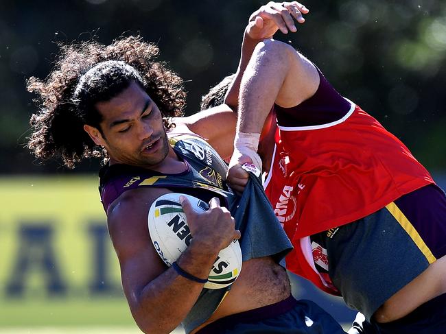 BRISBANE, AUSTRALIA - SEPTEMBER 05:  Adam Blair is tackled during a Brisbane Broncos NRL training session on September 5, 2017 in Brisbane, Australia.  (Photo by Bradley Kanaris/Getty Images)