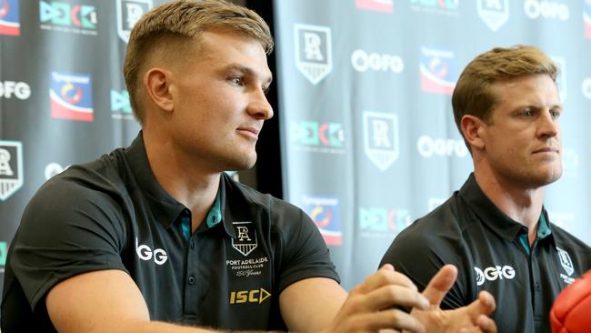 Ollie Wines at the Port Adelaide press conference announcing Tom Jonas would lead the club by himself in 2020. Picture: AAP Images