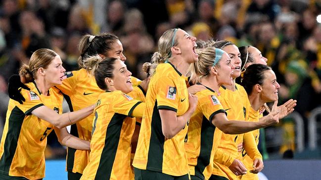 SYDNEY, AUSTRALIA - JULY 20: Steph Catley of the Matildas celebrates with her team mates after scoring a goal during the FIFA Women's World Cup Australia & New Zealand 2023 Group B match between Australia and Ireland at Stadium Australia on July 20, 2023 in Sydney, Australia. (Photo by Bradley Kanaris/Getty Images)