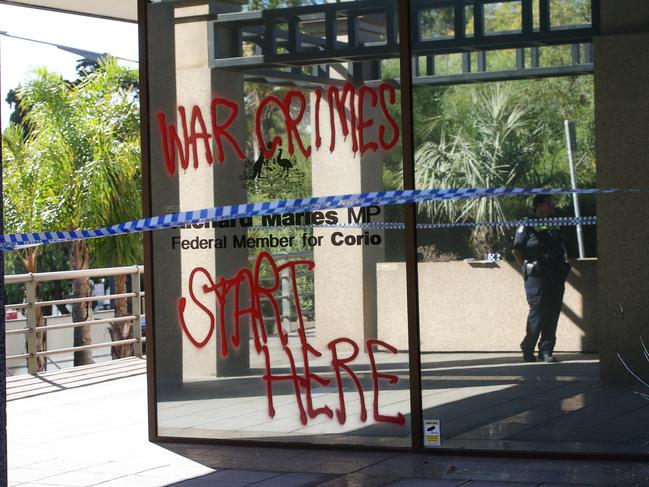 Protesters attacked Richard Marles' office in Brougham St, Geelong, daubing graffiti and smashing a window. Picture: Alan Barber