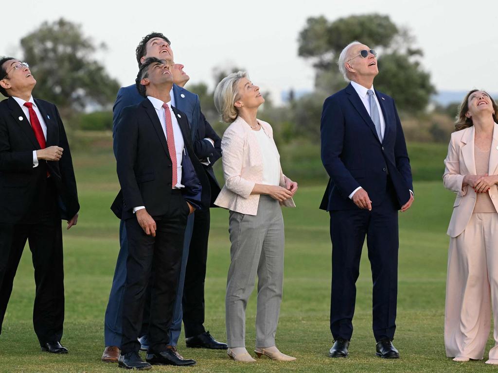 Fumio Kishida, Rishi Sunak, Justin Trudeau, Ursula von der Leyen, Joe Biden and Giorgia Meloni. Picture: Mandel Ngan/AFP