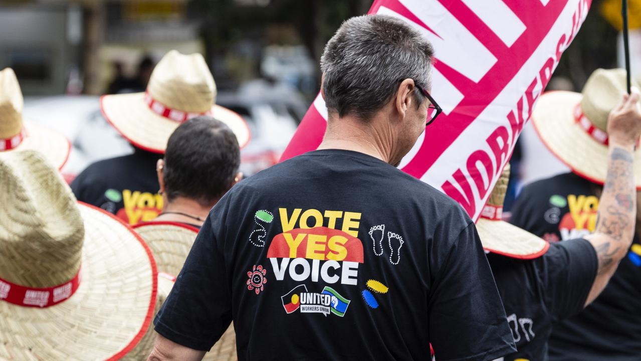 A union member wears a AWU Vote Yes Voice shirt at the Toowoomba Labour Day march, Saturday, April 29, 2023. Picture: Kevin Farmer